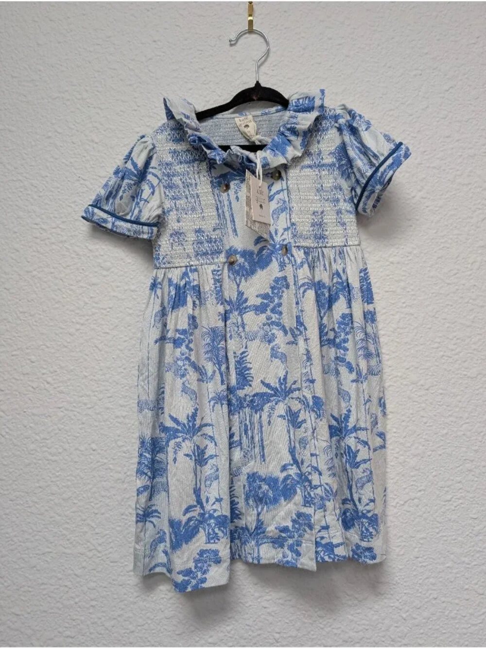 Kate Quinn Bamboo Blue Jungle Print Smocked Roo Dress 3T Design Sample